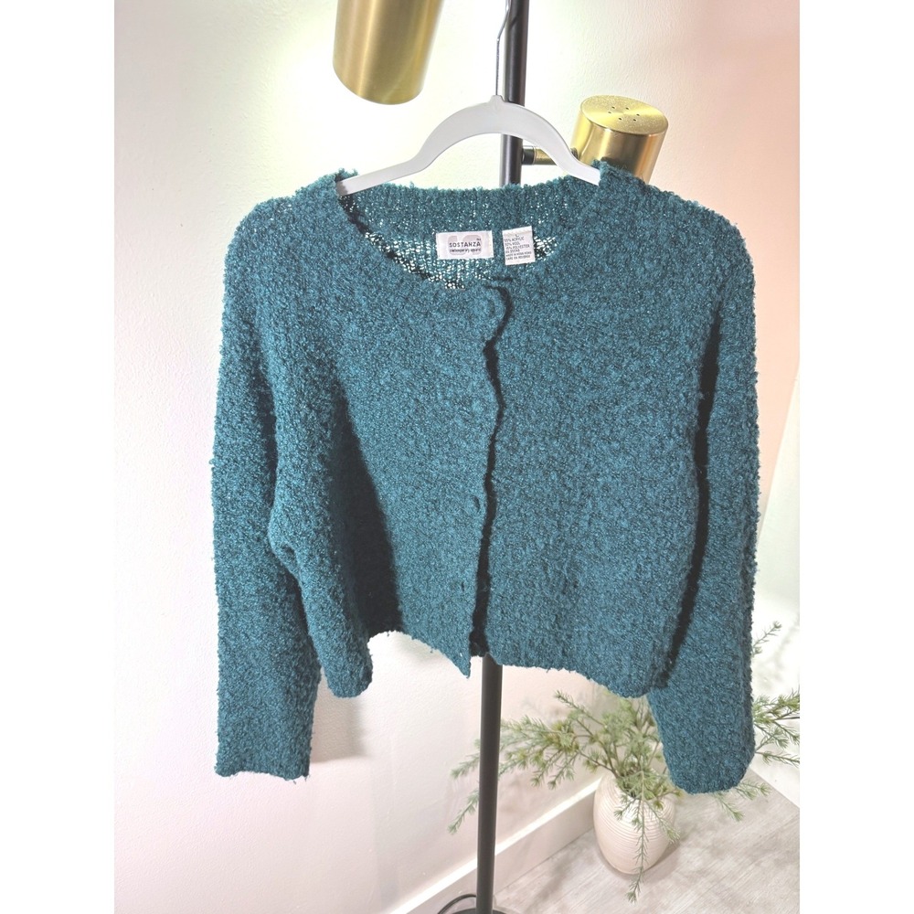 Sostanza Vintage Style Boucle Cardigan 90s Indie Turquoise Teal Large LG